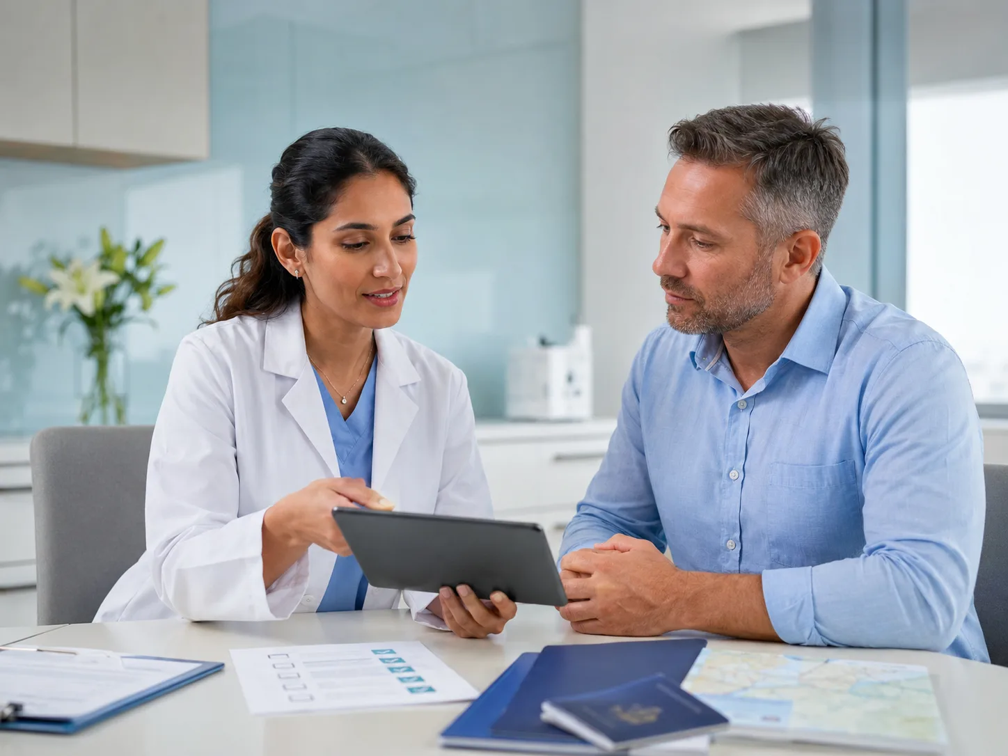 Coordinateur examinant des questions de securite pour voyage medical