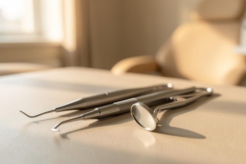 A close-up view of professional silver dental instruments, featuring a dental mirror and probe, resting on a light beige surface. The scene is set in a bright, sunlit dental clinic with warm tones and a soft-focus background, emphasizing a clean and modern medical environment.