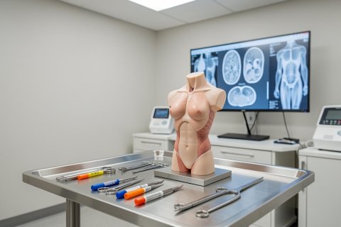 A detailed female anatomical torso model sits on a stainless steel tray with surgical instruments in a clinical medical setting. A large monitor in the background displays medical imaging scans like MRI or CT. The clean, neutral-toned environment is perfect for healthcare training, surgical planning, and medical education.