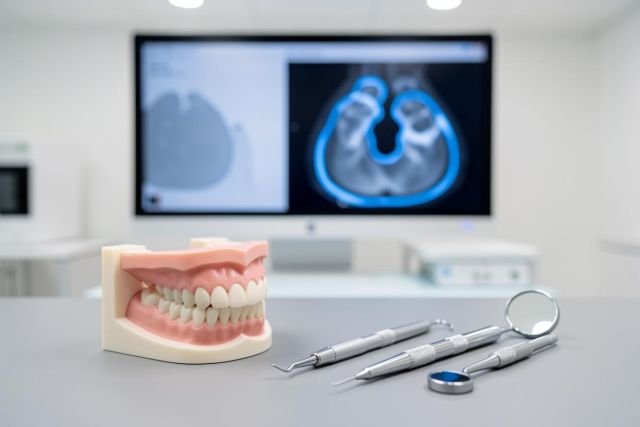 A professional dental setting featuring a realistic tooth model and silver dental instruments like a mouth mirror and explorer in the foreground. In the blurred background, a large monitor displays a blue-tinted dental X-ray scan within a clean, modern clinic environment. This image represents oral healthcare and advanced dental technology.