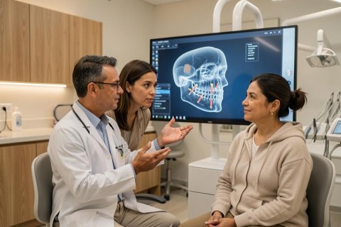 A professional male dentist and assistant explain a 3D skull X-ray on a large monitor to a female patient during a dental consultation. Set in a bright, modern dental clinic, the scene highlights medical expertise, advanced oral health technology, and patient care in a clean clinical environment.
