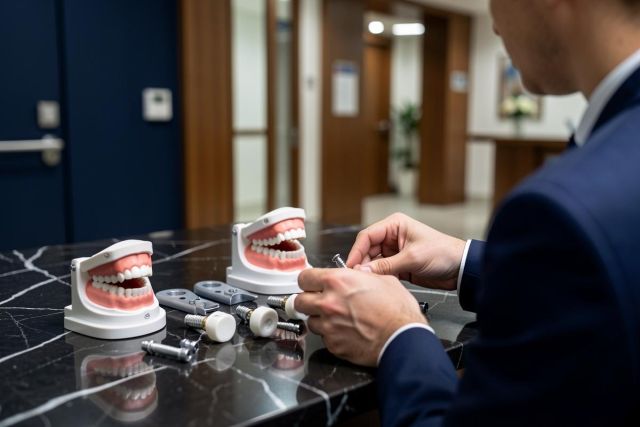 A professional in a navy blue suit examines dental implant components and anatomical tooth models on a dark marble countertop. The scene, set in a modern dental clinic, features close-up details of prosthetic tools and dental models, emphasizing oral healthcare, implantology, and professional dental consultation.