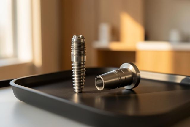 A close-up view of a metallic dental implant screw and a matching abutment component resting on a black tray. The high-quality titanium dental hardware is captured in a bright, modern clinic environment with soft, warm lighting and a shallow depth of field, emphasizing precision medical technology for oral health.