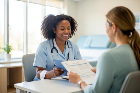 A friendly Black female doctor wearing blue scrubs and a stethoscope conducts a medical consultation with a patient in a bright, modern clinic. They are reviewing a medical document together in a well-lit healthcare setting with natural light and a professional atmosphere.