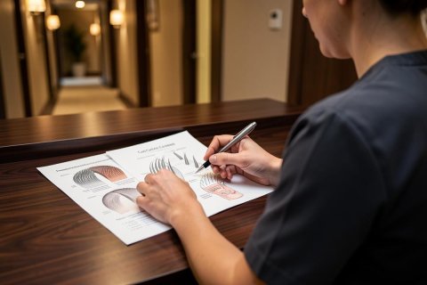 A medical professional in navy scrubs writes on a clinical document featuring detailed anatomical diagrams of skin and hair follicles. The scene is set at a dark wooden desk in a professional dermatology clinic or medical office, with a soft-focus hallway in the background. The warm lighting and professional setting emphasize a healthcare consultation.