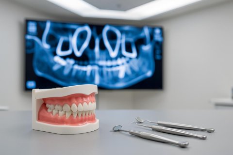 Professional dental clinic setting featuring a realistic teeth model and silver dental tools on a gray surface. A large screen in the background displays a blue panoramic dental X-ray, highlighting oral health diagnostics and modern dentistry equipment in a clean, clinical environment.