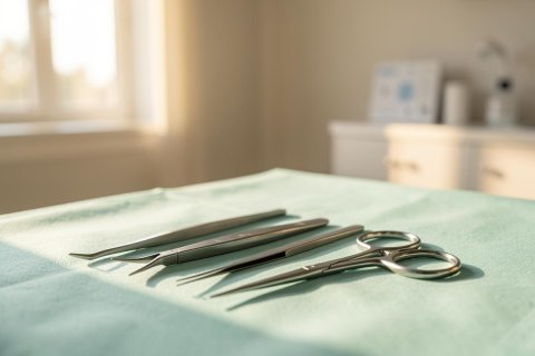 A close-up of silver surgical instruments, including forceps and scissors, resting on a light teal sterile drape. The background features a bright, blurred medical setting with warm sunlight streaming through a window, conveying a clean and professional healthcare environment.