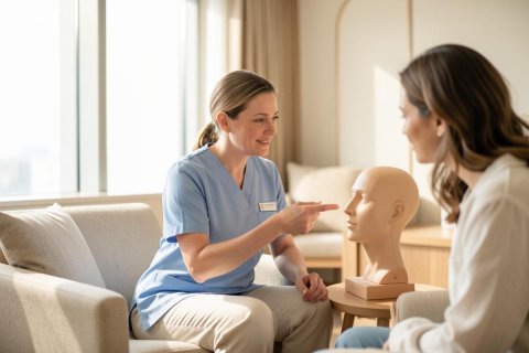 A female healthcare professional in blue scrubs conducts medical training with a student using a realistic mannequin head. Set in a bright, modern clinical classroom with neutral tones and natural light, the scene depicts hands-on medical education and simulation-based learning.
