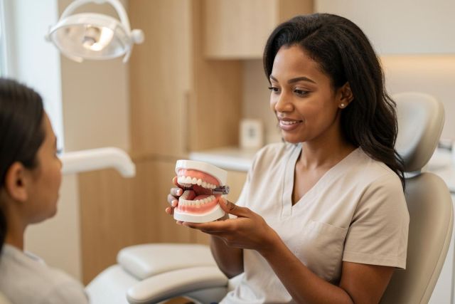 A professional female dentist in beige scrubs explains oral health using a dental model during a consultation with a patient. Set in a bright, modern dental office with warm lighting, this image highlights patient care, dental hygiene education, and a clean clinical environment.