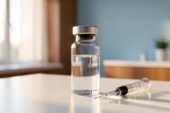 A clear glass medical vial filled with liquid sits on a white tabletop next to a syringe. The bright, modern setting features soft natural light from a window, a blurred blue background, and warm wood tones, conveying a clean healthcare, vaccine, or pharmaceutical environment.