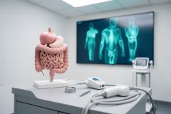 Detailed anatomical model of the human digestive system, including the stomach and intestines, on a medical table in a clinical setting. Foreground features diagnostic healthcare equipment. A large background screen displays blue X-ray-style human body scans, emphasizing a modern medical laboratory or gastroenterology research environment.