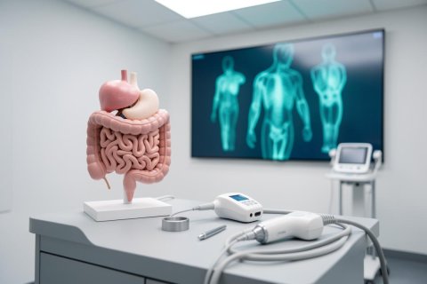 Detailed anatomical model of the human digestive system, including the stomach and intestines, on a medical table in a clinical setting. Foreground features diagnostic healthcare equipment. A large background screen displays blue X-ray-style human body scans, emphasizing a modern medical laboratory or gastroenterology research environment.