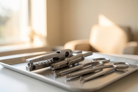 Professional stainless steel surgical instruments, including forceps and clamps, arranged on a medical tray in a bright clinic. The shallow depth of field shows a blurred hospital room background with warm natural lighting, highlighting the sterile and prepared medical environment.