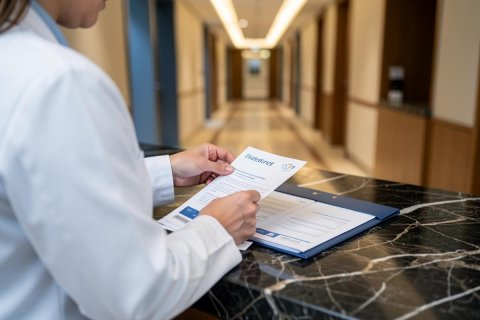 A person wearing a white medical lab coat reviews professional documents on a clipboard placed on a black marble countertop. The setting is a modern, brightly lit hospital or clinic hallway with a blurred background. The image captures healthcare administration, patient paperwork, or medical office procedures in a clean, professional environment.
