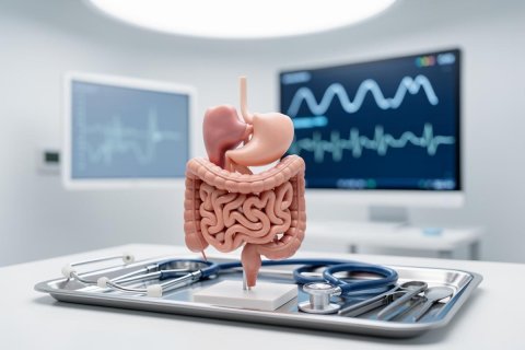 A detailed 3D anatomical model of the human digestive system, showing the stomach and intestines, rests on a metal medical tray with a stethoscope and surgical tools. The background features blurred clinical monitors displaying vital sign waveforms in a bright, modern medical setting. The composition uses soft pink, silver, and blue tones, ideal for gastroenterology, healthcare, and medical education contexts.