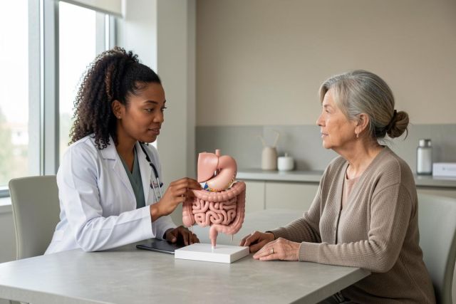 A female doctor in a white coat explains the human digestive system to an elderly patient using an anatomical model of the stomach and intestines. This medical consultation takes place in a bright, modern clinic with neutral colors, focusing on patient education and healthcare.