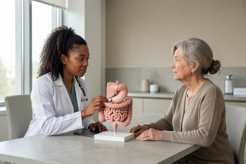 A female doctor in a white coat explains the human digestive system to an elderly patient using an anatomical model of the stomach and intestines. This medical consultation takes place in a bright, modern clinic with neutral colors, focusing on patient education and healthcare.