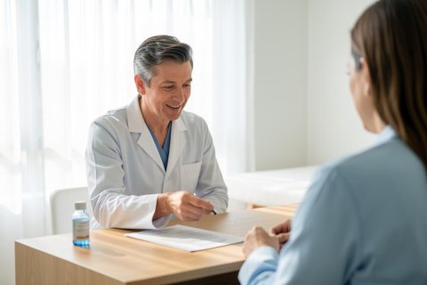 A smiling male doctor in a white lab coat and blue scrubs conducts a medical consultation with a female patient in a bright, modern clinic. They are sitting at a light wood desk with a document and hand sanitizer. The professional healthcare setting features natural light from a window with white curtains, creating a friendly and trustworthy atmosphere.