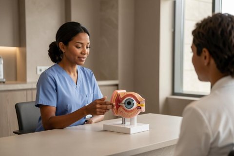 A female healthcare professional in blue scrubs points to a detailed anatomical model of a human eye during a medical consultation. She is explaining eye health and anatomy to a patient in a bright, modern clinic or doctor's office setting, focusing on eye care education.