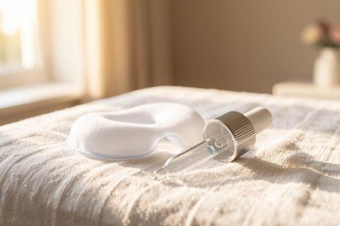 Close-up of a white silicone eye mask and a glass dropper pipette resting on a textured cream blanket. Warm sunlight streams through a window, creating a peaceful atmosphere perfect for skincare, wellness, and self-care routines in a bright, minimalist bedroom setting.