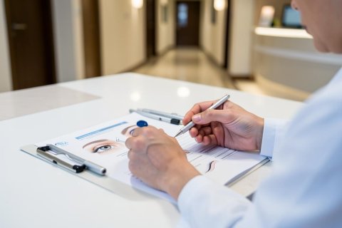A healthcare professional in a white coat writes on a medical form held on a clipboard in a bright, clean clinic. The document features a detailed illustration of a human eye, suggesting an ophthalmology or eye care consultation. The setting is a professional medical office with a blurred hallway in the background.