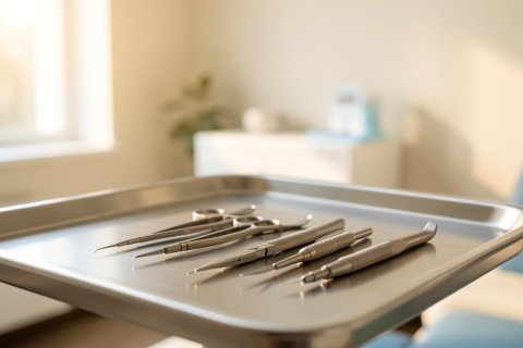 Professional stainless steel dental or medical instruments arranged on a sterile metal tray in a bright clinical setting. The background features a soft-focus medical office with natural sunlight, a white cabinet, and a plant, creating a clean and modern healthcare environment.
