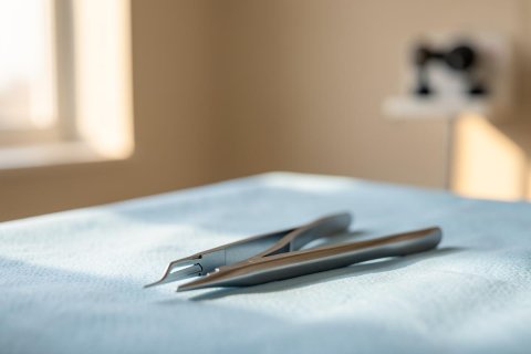 Close-up of metallic surgical tweezers resting on a light blue sterile medical drape. The image features a shallow depth of field with a softly blurred clinical background and natural sunlight, highlighting the precision of the healthcare instrument in a professional medical environment.