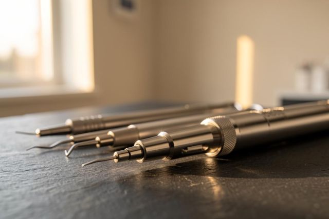 A close-up of professional stainless steel dental instruments lying on a dark, textured stone surface. The scene is illuminated by warm, golden sunlight from a window in the blurred background, creating a soft bokeh effect. These precision medical tools are presented in a clean, professional clinic environment with a focus on metallic detail and elegant lighting.