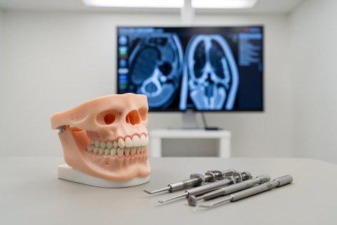 A professional dental and medical setting featuring a realistic human skull model and silver dental instruments on a clean table. A blurred computer screen in the background displays brain MRI scans, highlighting a diagnostic radiology or oral surgery context. The bright, clinical environment uses neutral tones and professional lighting for a healthcare-themed image.
