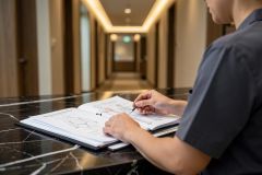 A professional in a dark navy shirt studies an anatomy manual on a black marble counter. They use a pen to point at medical diagrams in the open book. The background features a modern, brightly lit hallway with warm lighting, creating a professional and upscale atmosphere in a hotel or medical facility.