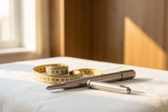 A yellow tailor's measuring tape and silver marking tools rest on a white fabric surface in a bright, sunlit room. The warm natural light from a nearby window creates a professional and serene fashion design or sewing workspace atmosphere, perfect for tailoring and garment construction themes.
