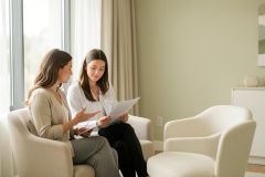 Two women in professional attire sit in light-colored armchairs during a business consultation or meeting. They are reviewing a paper document in a bright, modern office with large windows and neutral tones. The minimalist interior features soft lighting and a calm atmosphere, ideal for professional services or healthcare settings.