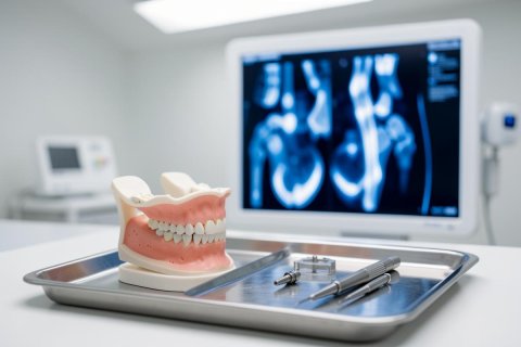 A realistic dental model of teeth and gums rests on a stainless steel tray with professional dental instruments. In the background, a large monitor displays blue dental X-ray scans within a bright, clean clinical environment. This image captures modern oral healthcare, dentistry, and medical technology in a professional dental office setting.