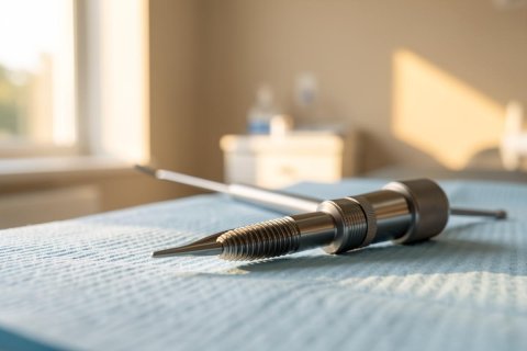 Close-up of a metallic surgical instrument or orthopedic implant resting on a light blue sterile drape in a bright medical setting. The scene features soft natural sunlight from a window in a blurred background, emphasizing a clean, professional healthcare and clinical environment.