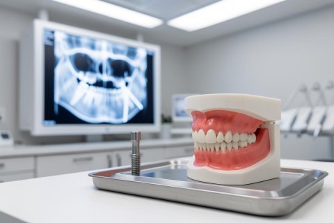 A realistic dental model with pink gums and white teeth sits on a metal tray next to a dental implant screw in a bright, sterile clinic. In the background, a large screen displays a panoramic dental X-ray. This professional setting emphasizes oral healthcare, dental implants, and modern dental technology.