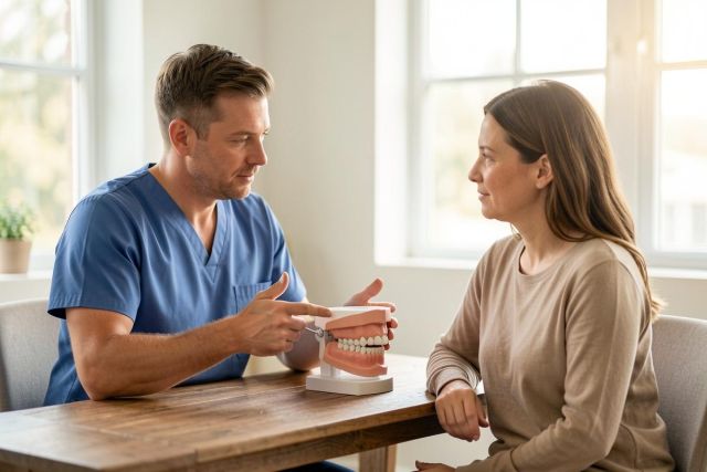 A male dentist in blue scrubs conducts a dental consultation with a female patient in a bright, sunlit office. They sit at a wooden table where the dentist uses a dental model to explain oral health. The patient, dressed in a beige sweater, listens attentively. The scene conveys professional care and patient education in a modern clinical setting.