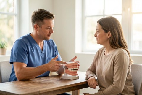 A male dentist in blue scrubs conducts a dental consultation with a female patient in a bright, sunlit office. They sit at a wooden table where the dentist uses a dental model to explain oral health. The patient, dressed in a beige sweater, listens attentively. The scene conveys professional care and patient education in a modern clinical setting.