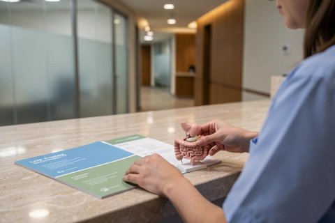 A healthcare professional in blue scrubs holds a small anatomical brain model over medical brochures on a marble counter in a modern clinic. The bright, professional medical setting features neutral tones and soft lighting, conveying themes of neurological health, patient education, and clinical consultation.