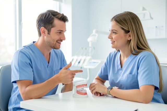 Two smiling dental professionals in blue scrubs sit at a white table in a bright, modern dental office. A dental model of teeth is placed between them as they engage in a friendly discussion. The clean, well-lit clinical environment features professional dental equipment in the background, emphasizing oral healthcare and teamwork.