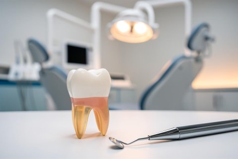 A detailed human tooth model and dental tool rest on a white surface in a modern dental clinic. The blurred background features a professional dental chair and a bright examination light. The clean, clinical setting with soft lighting emphasizes oral health, dentistry, and professional dental care services.