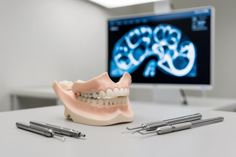 Professional dental equipment on a white surface, including a realistic tooth model and stainless steel dental tools. A blurred computer monitor in the background displays a blue dental X-ray scan, highlighting a modern clinic environment for oral health diagnosis and dental care.