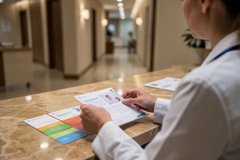 A medical professional wearing a white lab coat examines colorful healthcare brochures on a marble reception desk. The setting is a modern, brightly lit clinic or hospital hallway with warm tones and a blurred medical facility background.