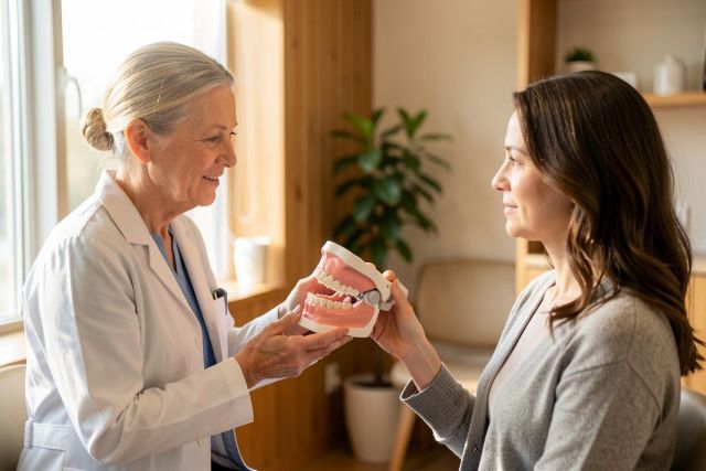 A professional female dentist in a white lab coat explains oral health to a young patient using a realistic dental model. Set in a bright, modern dental clinic with natural sunlight and indoor plants, the scene captures a friendly and informative patient consultation about dental care.