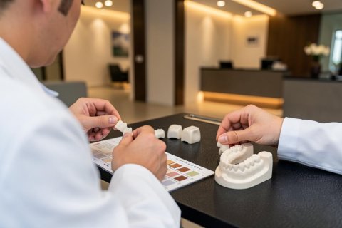 A dental professional in a white lab coat uses a shade guide and white dental models to match tooth color in a modern clinic. The scene captures precise dental laboratory work, such as preparing crowns or veneers, on a dark table within a bright, professional medical environment.