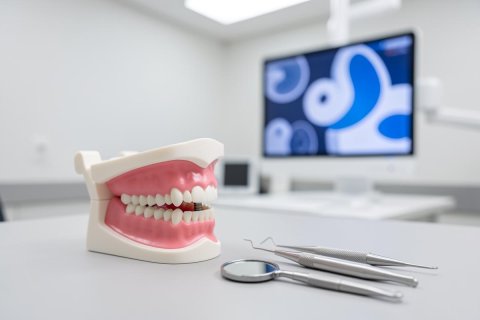 Close-up of a dental model showing teeth and pink gums alongside professional silver dental tools on a clean white surface. The background features a blurred dental clinic environment with a computer monitor, highlighting oral healthcare, dentistry, and dental hygiene tools in a professional medical setting.