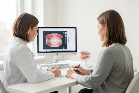 A professional dental consultation in a bright, modern office. A female dentist in a white lab coat explains a 3D digital mouth scan on a computer screen to a female patient. The scene features a dental model on the table and soft natural light, emphasizing advanced digital dentistry and oral health education.