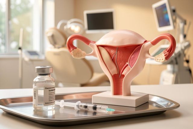 An anatomical model of the female reproductive system, including the uterus and ovaries, sits in a medical clinic setting. In the foreground, a silver tray holds a medical vial and a syringe, symbolizing fertility treatments, IVF, or gynecological care. The scene features warm lighting and a blurred clinical background with medical equipment.
