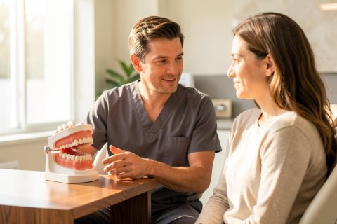 Professional male dentist in grey scrubs providing a dental consultation to a smiling female patient in a bright, modern clinic. A realistic dental model sits on a wooden table as the dentist explains procedures. Warm natural lighting and a clean environment emphasize a friendly healthcare setting.