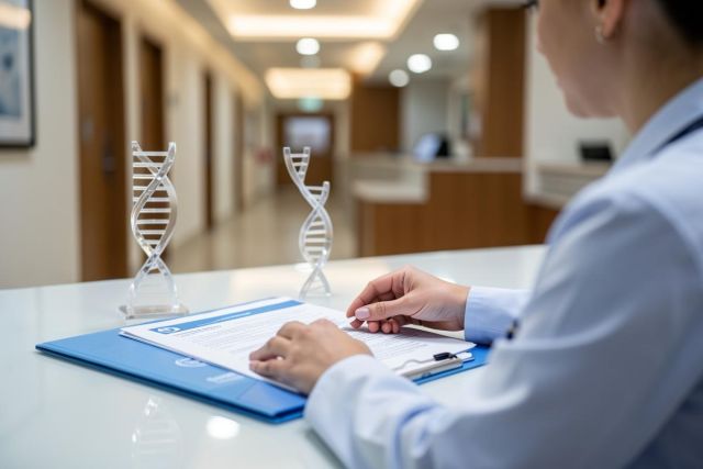 A medical professional in a light blue uniform works at a desk in a bright, modern clinic. The scene features DNA double helix models and a clipboard with documents, highlighting genetic research, biotechnology, or medical consultation. The clean, professional environment includes a blurred hospital hallway in the background.