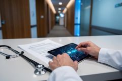 A medical professional in a white lab coat interacts with a digital tablet displaying medical graphics on a clean white desk. A stethoscope and patient documents are visible in the foreground. The background features a blurred hospital corridor with wooden accents and soft blue lighting, highlighting modern healthcare technology and a professional clinic setting.